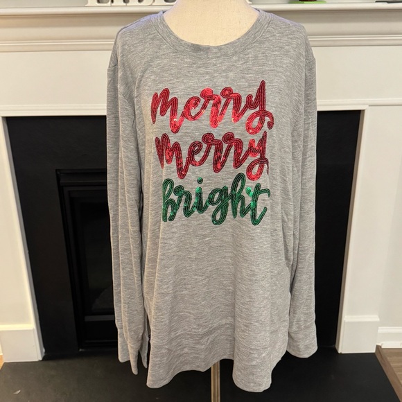 Holiday Time Tops - Holiday Time “Merry Merry Bright” Gray Holiday Tunic Top | Size XXL / 2X (20)